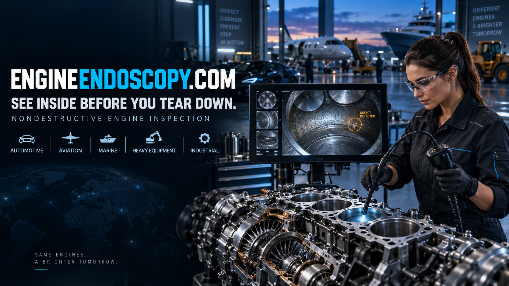 EngineEndoscopy.com. See inside before you tear down. An engineer uses a borescope beside an engine, with automotive, aviation, marine, heavy equipment and industrial scenes.
